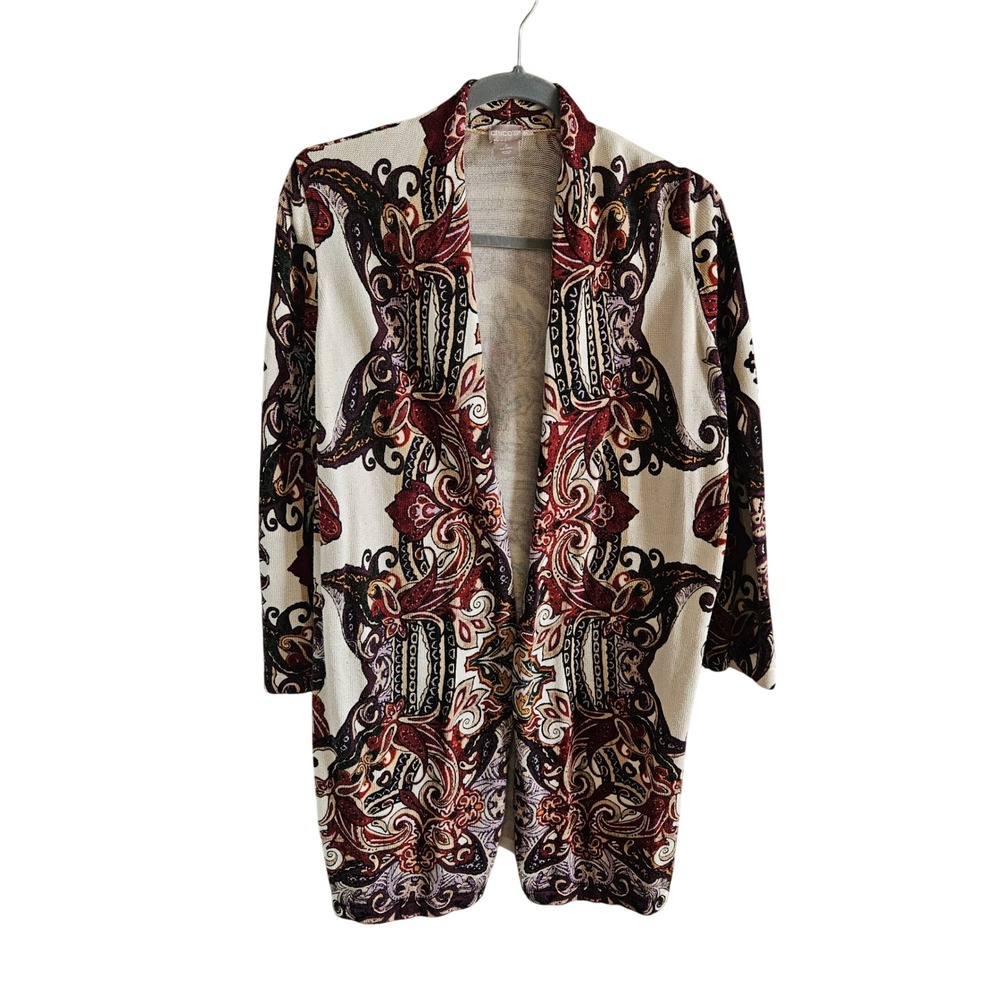 Chicos Paisley Open Front Cardigan Sweater Red Purple Multi Color Size 2 Large